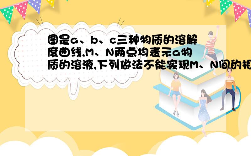 图是a、b、c三种物质的溶解度曲线,M、N两点均表示a物质的溶液,下列做法不能实现M、N间的相互转化的是A 从N-M：先向N中加入适量固体A再降温B 从N-M：先将N降温再加入适量固体AC 从M-N：先将M