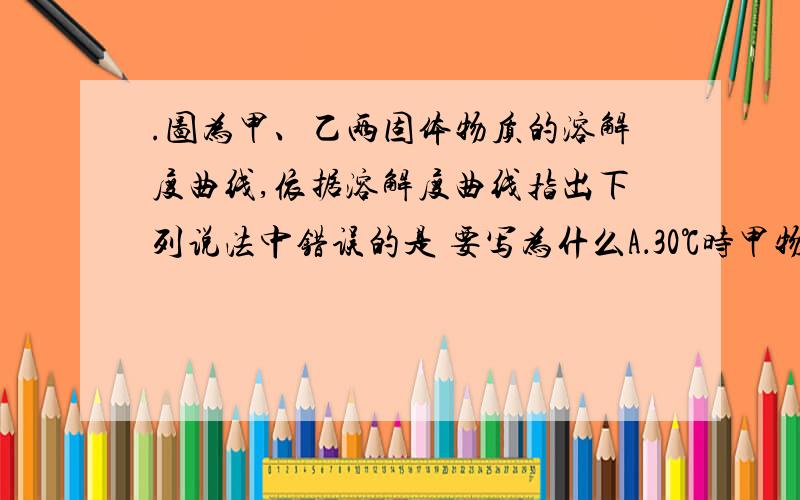 .图为甲、乙两固体物质的溶解度曲线,依据溶解度曲线指出下列说法中错误的是 要写为什么A．30℃时甲物质的溶解度比乙物质的溶解度大B．若甲中混有少量乙,则可采用冷却热饱和溶的方法