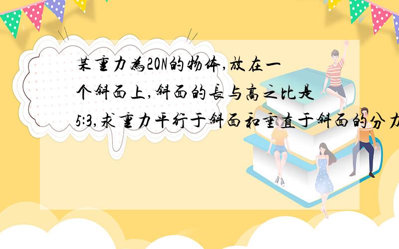 某重力为20N的物体,放在一个斜面上,斜面的长与高之比是5:3,求重力平行于斜面和垂直于斜面的分力的大小.