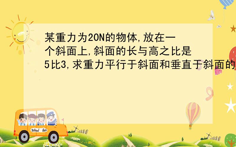 某重力为20N的物体,放在一个斜面上,斜面的长与高之比是5比3,求重力平行于斜面和垂直于斜面的分力的大小.