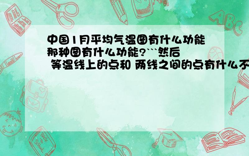 中国1月平均气温图有什么功能那种图有什么功能?```然后 等温线上的点和 两线之间的点有什么不同?