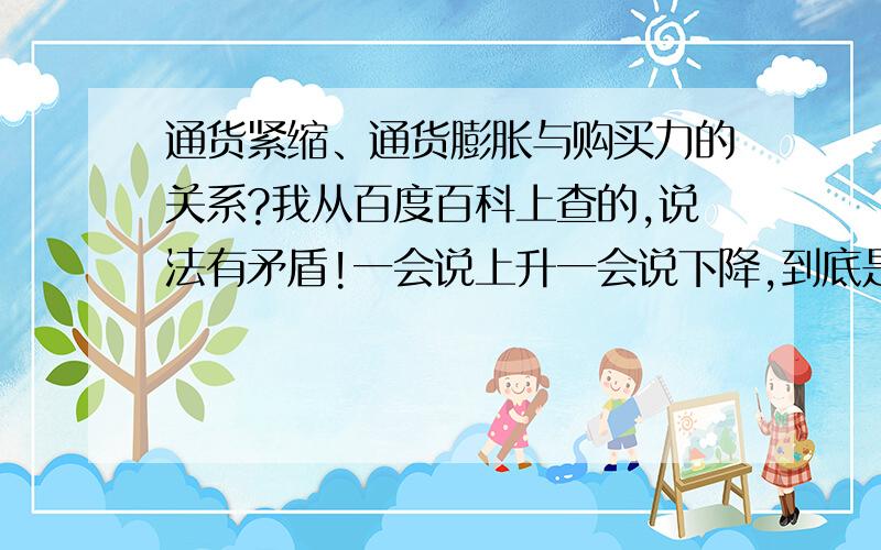 通货紧缩、通货膨胀与购买力的关系?我从百度百科上查的,说法有矛盾!一会说上升一会说下降,到底是怎样的呢?通货紧缩引起购买力的上升还是下降?通货膨胀引起购买力的上升还是下降?通货