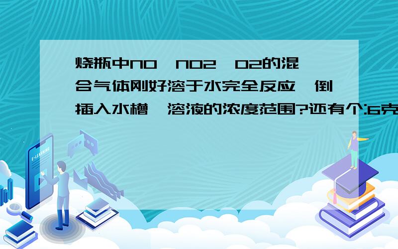 烧瓶中NO,NO2,O2的混合气体刚好溶于水完全反应,倒插入水槽,溶液的浓度范围?还有个:6克铝土矿(AL2O3,FE2O3,SIO2)放入100ML的H2SO4中,充分反应后过滤,再加10 MOL/L的NAOH,加了A ML时有沉淀,35ML时最多,45ML