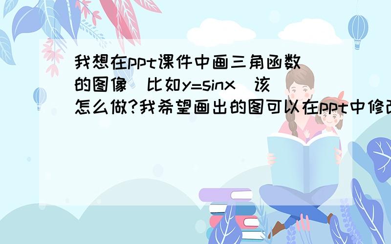 我想在ppt课件中画三角函数的图像（比如y=sinx）该怎么做?我希望画出的图可以在ppt中修改,还可以设置动画几何画板的cut过来就不能动了,不行啊