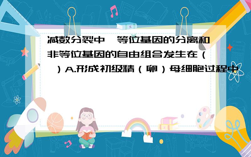 减数分裂中,等位基因的分离和非等位基因的自由组合发生在（ ）A.形成初级精（卵）母细胞过程中  B.减数第一次分裂四分体时期C.形成次级精母（卵）母细胞过程 D.形成精细胞或卵细胞过程