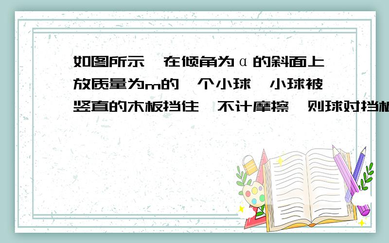 如图所示,在倾角为α的斜面上放质量为m的一个小球,小球被竖直的木板挡住,不计摩擦,则球对挡板和斜面的压力是多少