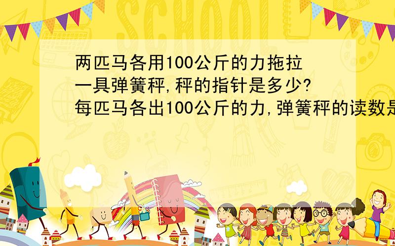 两匹马各用100公斤的力拖拉一具弹簧秤,秤的指针是多少?每匹马各出100公斤的力,弹簧秤的读数是多少?