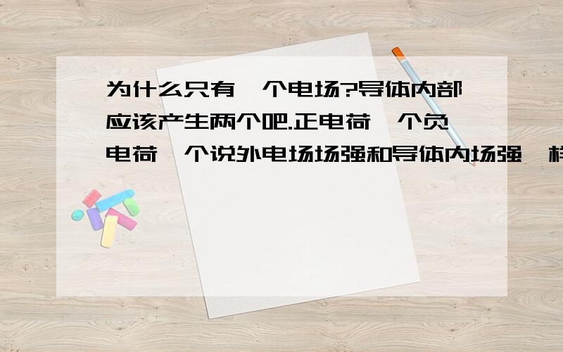 为什么只有一个电场?导体内部应该产生两个吧.正电荷一个负电荷一个说外电场场强和导体内场强一样大方向相反就静电平衡了，导体内场强指的哪个？