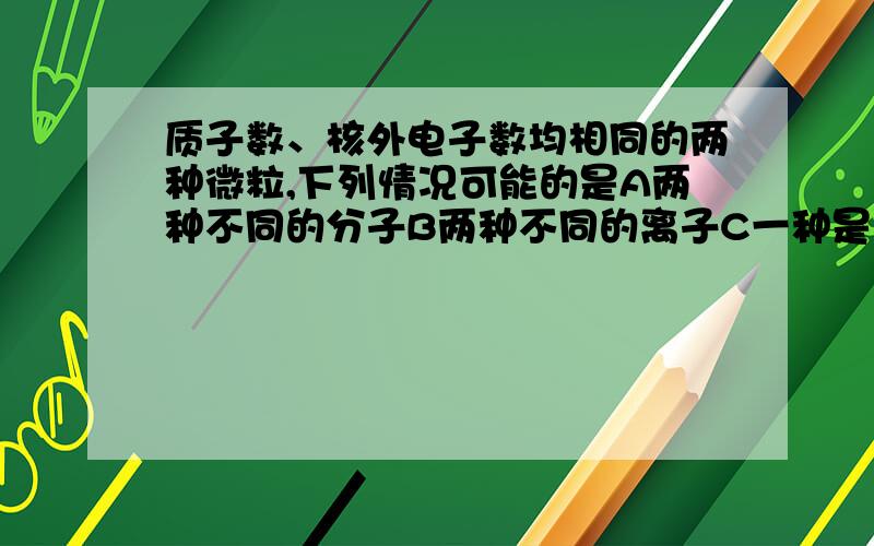 质子数、核外电子数均相同的两种微粒,下列情况可能的是A两种不同的分子B两种不同的离子C一种是原子,另一种是离子D两种不同元素的原子