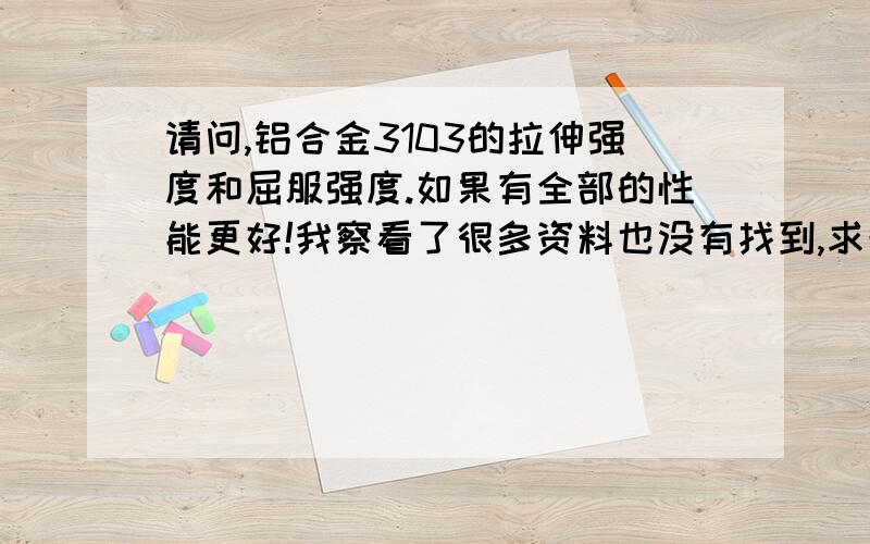 请问,铝合金3103的拉伸强度和屈服强度.如果有全部的性能更好!我察看了很多资料也没有找到,求告人帮我!我只要3103