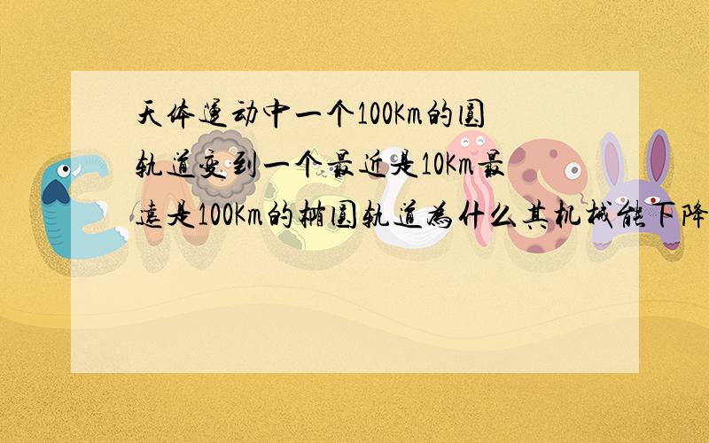 天体运动中一个100Km的圆轨道变到一个最近是10Km最远是100Km的椭圆轨道为什么其机械能下降?由越底越快知变轨后的速度不是比原来大吗?可是又有近心运动有在最近点的速度比在这点的圆走速