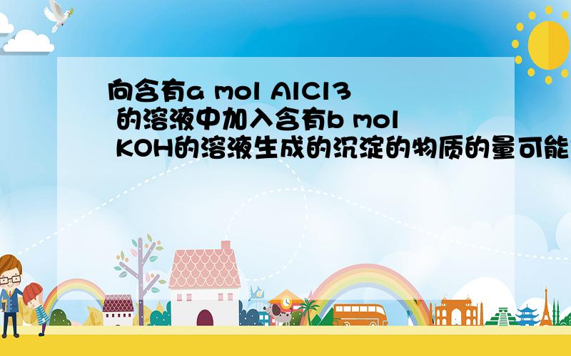 向含有a mol AlCl3 的溶液中加入含有b mol KOH的溶液生成的沉淀的物质的量可能是①a mol ②b mol③a/3 mol④ b/3mol ⑤0⑥ (4a-b)molA①③④⑤⑥ B①②③④⑤C①④⑤⑥   D①④⑤