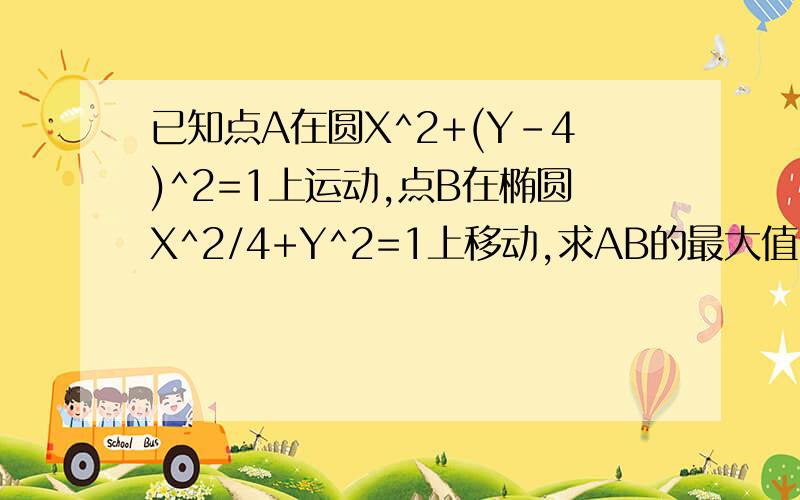 已知点A在圆X^2+(Y-4)^2=1上运动,点B在椭圆X^2/4+Y^2=1上移动,求AB的最大值!