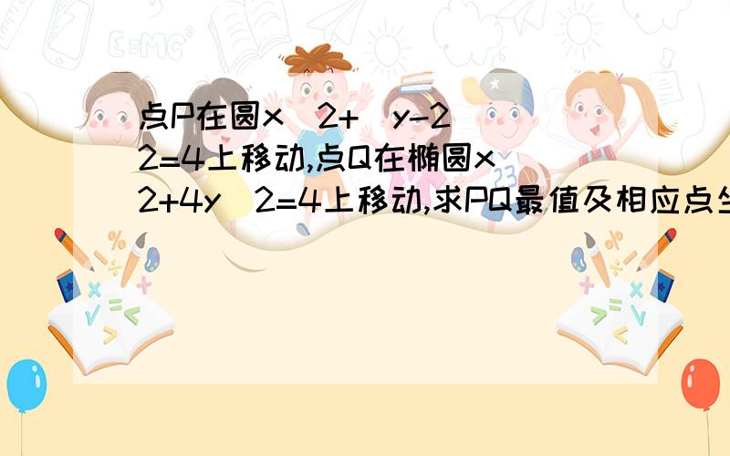 点P在圆x^2+(y-2)^2=4上移动,点Q在椭圆x^2+4y^2=4上移动,求PQ最值及相应点坐标