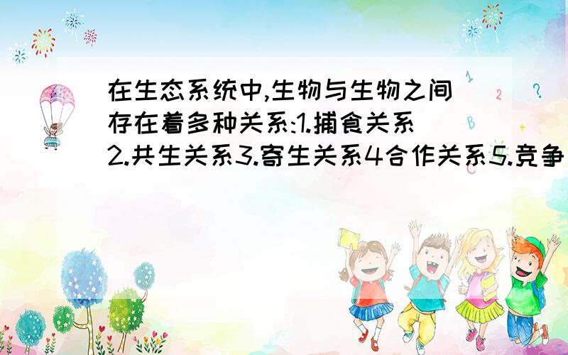 在生态系统中,生物与生物之间存在着多种关系:1.捕食关系2.共生关系3.寄生关系4合作关系5.竞争关系杂草和水稻猎豹和羚羊