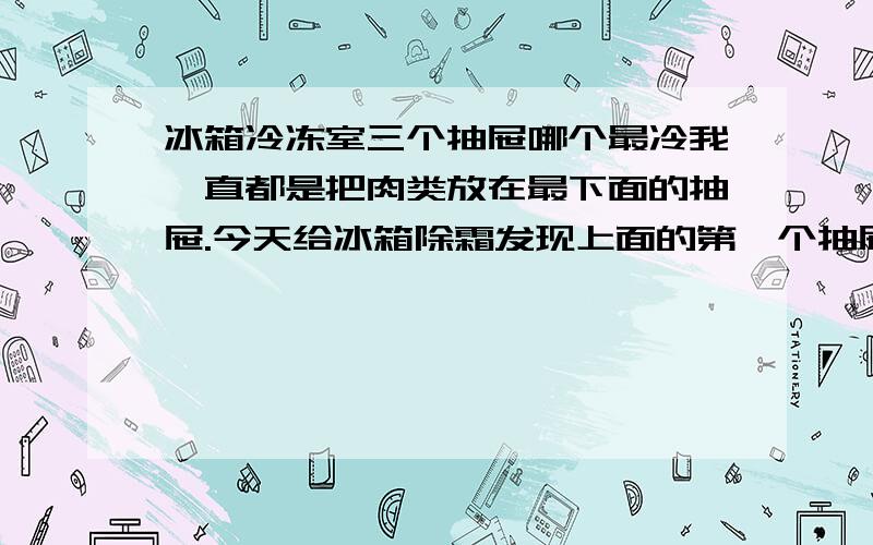 冰箱冷冻室三个抽屉哪个最冷我一直都是把肉类放在最下面的抽屉.今天给冰箱除霜发现上面的第一个抽屉冰最厚最难化,是不是这个抽屉最冷,该把肉放在那里呢?