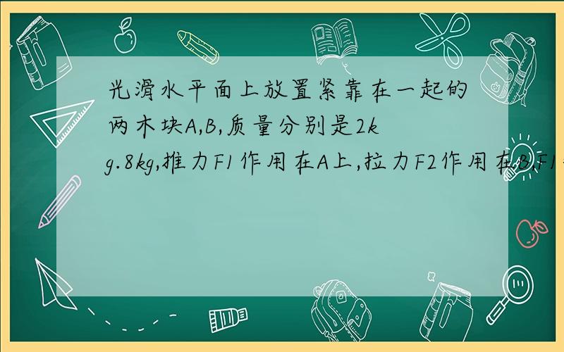 光滑水平面上放置紧靠在一起的两木块A,B,质量分别是2kg.8kg,推力F1作用在A上,拉力F2作用在B,F1=(8-2t)N,F2=（2+2t）N,问从t=0开始到AB脱离,AB的共同位移是多少?