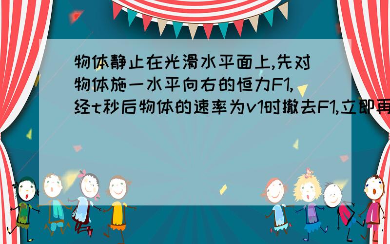 物体静止在光滑水平面上,先对物体施一水平向右的恒力F1,经t秒后物体的速率为v1时撤去F1,立即再对它施一水平向左的水平恒力F2,又经2t秒后物体回到出发点求此时速率为v2,则v1、v2间的关系是