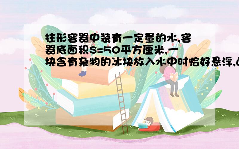 柱形容器中装有一定量的水,容器底面积S=50平方厘米,一块含有杂物的冰块放入水中时恰好悬浮,此时水面上升高度为△h=6.4cm,当冰块融化后,于熔化前相比水面高度变化量△h2=0.44cm（1）求纯冰