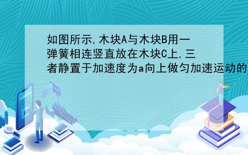 如图所示,木块A与木块B用一弹簧相连竖直放在木块C上,三者静置于加速度为a向上做匀加速运动的电梯中,A,B,C的质量比是1：2：3,设所有接触面都光滑,当沿水平方向迅速抽出木块C的瞬时,我想知