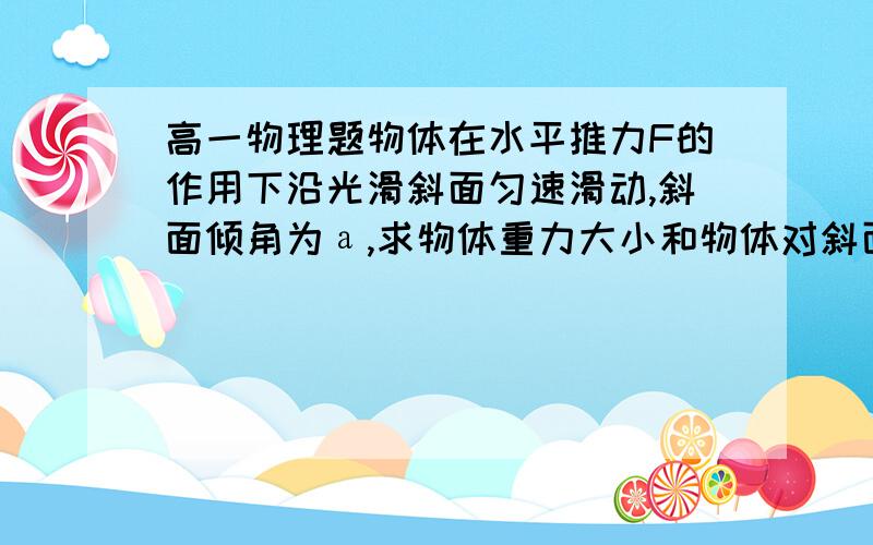 高一物理题物体在水平推力F的作用下沿光滑斜面匀速滑动,斜面倾角为а,求物体重力大小和物体对斜面的压力如图所示,物体在水平推力F的作用下,延光滑斜面匀速滑动,斜面倾角为а,求物体重