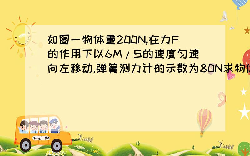 如图一物体重200N,在力F的作用下以6M/S的速度匀速向左移动,弹簧测力计的示数为80N求物体所受滑动摩擦力   拉力的功率