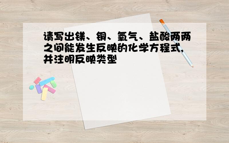 请写出镁、铜、氧气、盐酸两两之间能发生反映的化学方程式,并注明反映类型