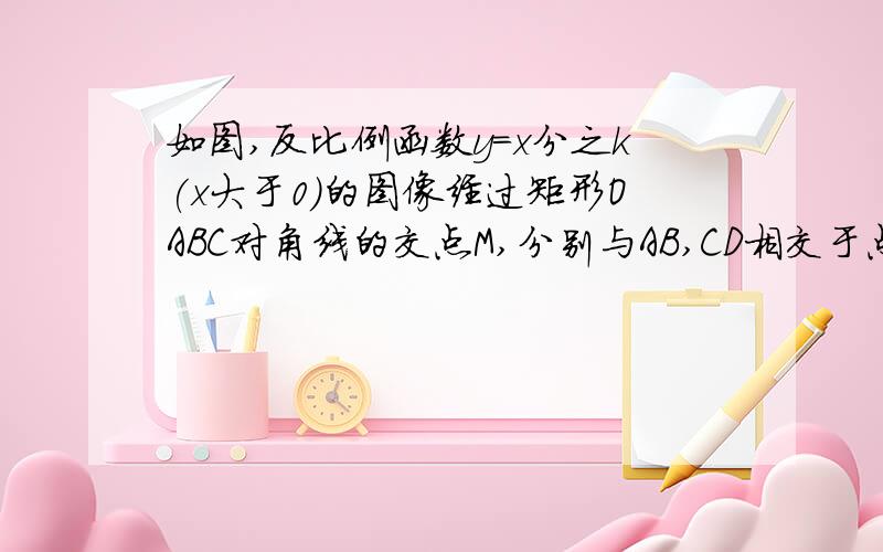 如图,反比例函数y=x分之k(x大于0)的图像经过矩形OABC对角线的交点M,分别与AB,CD相交于点D,E.1`求证三角形OCE与三角形OAD面积相等；2若CE；EB=1；2,求BD；DA的值.3若四边形ODBE面积为6求反比例函数的