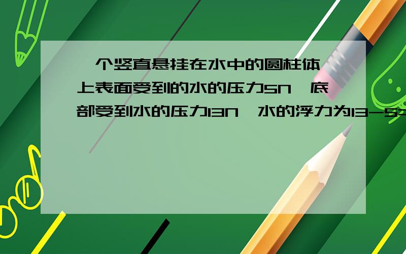 一个竖直悬挂在水中的圆柱体,上表面受到的水的压力5N,底部受到水的压力13N,水的浮力为13-5=8N,为什么这么做,有啥依据没