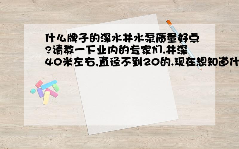 什么牌子的深水井水泵质量好点?请教一下业内的专家们.井深40米左右,直径不到20的.现在想知道什么牌的水泵好?请推荐一下.广告贴请高抬贵手.