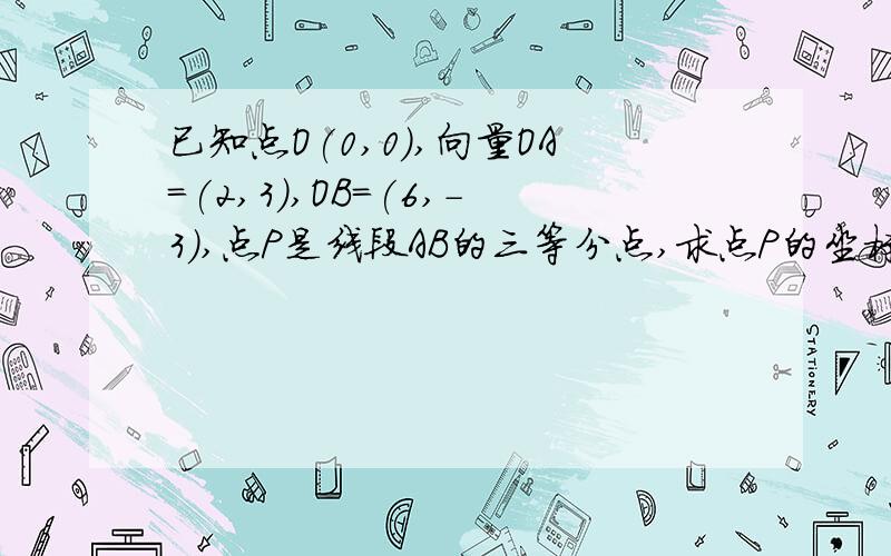 已知点O(0,0),向量OA=(2,3),OB=(6,-3),点P是线段AB的三等分点,求点P的坐标?