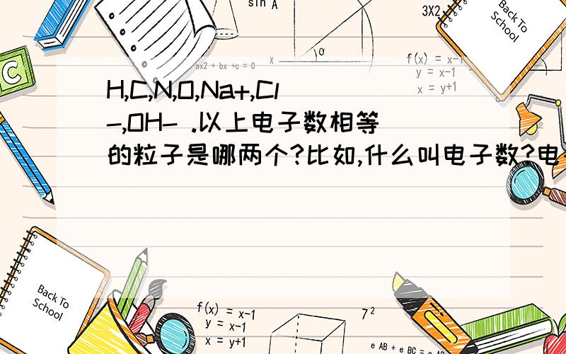 H,C,N,O,Na+,Cl-,OH- .以上电子数相等的粒子是哪两个?比如,什么叫电子数?电子数与核外电子数什么区别?