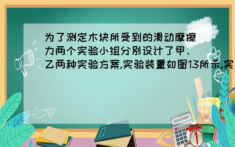 为了测定木块所受到的滑动摩擦力两个实验小组分别设计了甲、乙两种实验方案,实验装置如图13所示.实验中不计弹簧测力计的重力.甲方案：在水平实验桌面上将木板用线拉住,通过弹簧测力