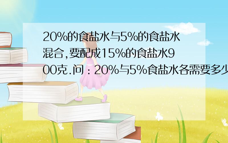 20％的食盐水与5％的食盐水混合,要配成15％的食盐水900克.问：20％与5％食盐水各需要多少克?