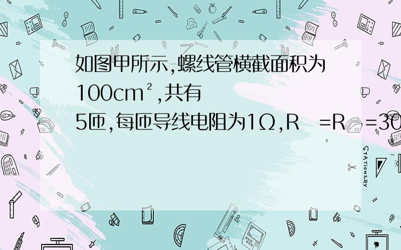 如图甲所示,螺线管横截面积为100cm²,共有5匝,每匝导线电阻为1Ω,R₁=R₂=30Ω,螺线管内有向上的磁场,其变化规律如图乙表示,问电压表和电流表的示数各是多少?