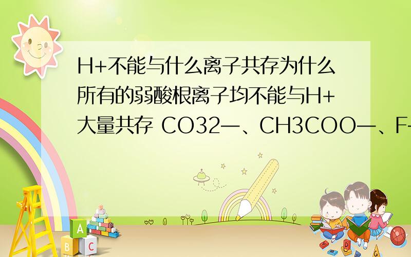 H+不能与什么离子共存为什么所有的弱酸根离子均不能与H+大量共存 CO32—、CH3COO—、F—、SiO32—、S2—、SO32—不能与H+大量共存?还有其他有关离子共存的例子吗?那它与CL-、SO42-共存吗?