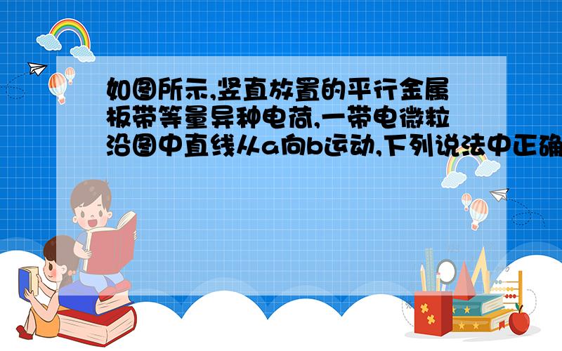 如图所示,竖直放置的平行金属板带等量异种电荷,一带电微粒沿图中直线从a向b运动,下列说法中正确的是A．微粒可能带正电 B．微粒机械能增大C．微粒电势能增大 D．微粒动能减小图片