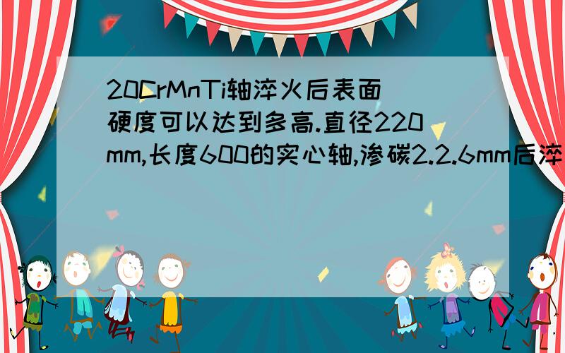 20CrMnTi轴淬火后表面硬度可以达到多高.直径220mm,长度600的实心轴,渗碳2.2.6mm后淬火可以达到多高硬度!