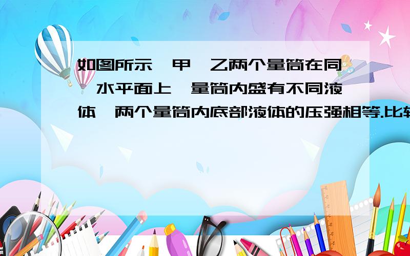 如图所示,甲、乙两个量筒在同一水平面上,量筒内盛有不同液体,两个量筒内底部液体的压强相等.比较两液体内同一高度上A、B两点液体压强大小,则A点压强____B点压强（选填大于、等于、小于