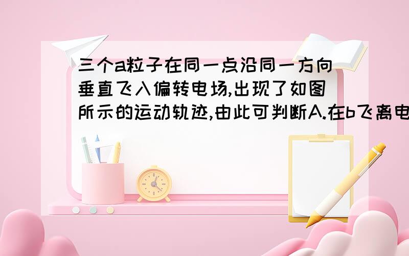 三个a粒子在同一点沿同一方向垂直飞入偏转电场,出现了如图所示的运动轨迹,由此可判断A.在b飞离电场的同时,a刚好打在负极板上  B.b和c同时飞离电场  C.进入电场时,c的速度最大,a的速度最小