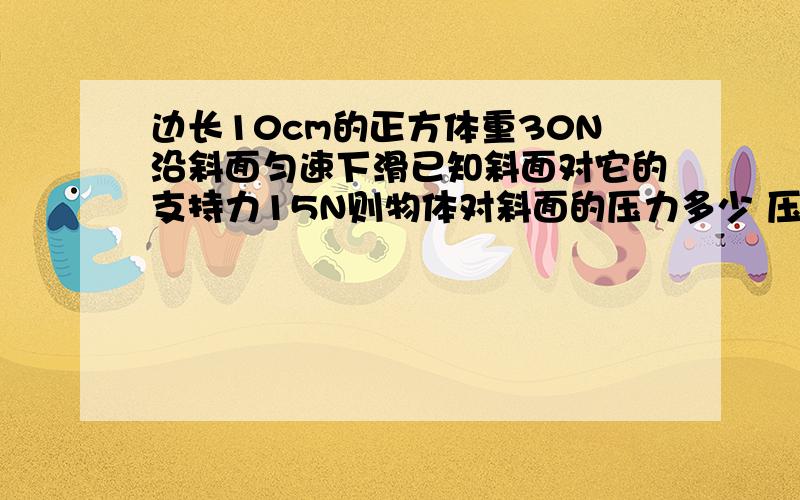 边长10cm的正方体重30N沿斜面匀速下滑已知斜面对它的支持力15N则物体对斜面的压力多少 压强为多少