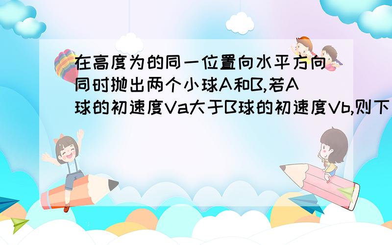 在高度为的同一位置向水平方向同时抛出两个小球A和B,若A球的初速度Va大于B球的初速度Vb,则下列说法中正确的是A.A球比B球求先落地 B.在飞行过程中的任一段时间内,A球的水平位移总是大于B