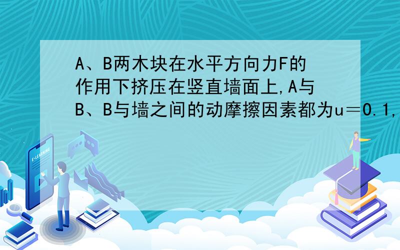 A、B两木块在水平方向力F的作用下挤压在竖直墙面上,A与B、B与墙之间的动摩擦因素都为u＝0.1,两木块质量相等,m=1kg,当F＝100时,AB间的摩擦力f1 B与墙的摩擦力f2的大小.A,f1=10N f2=10NB,f1=5N f2=10N可