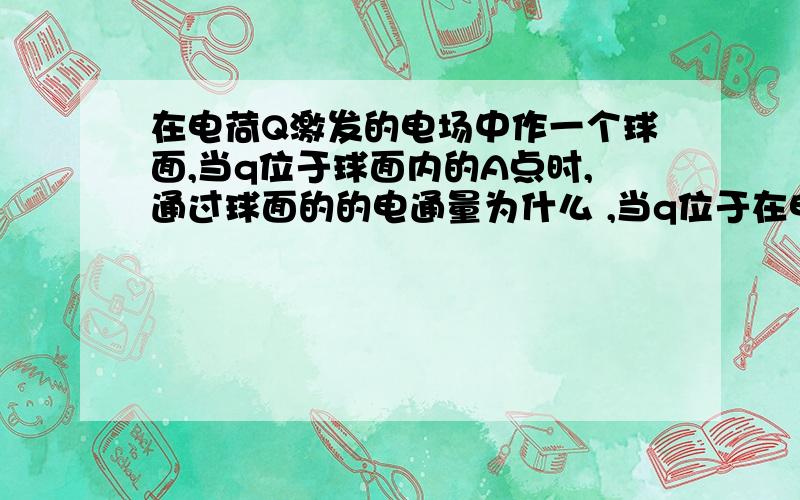 在电荷Q激发的电场中作一个球面,当q位于球面内的A点时,通过球面的的电通量为什么 ,当q位于在电荷Q激发的电场中作一个球面,当q位于球面内的A点时,通过球面的的电通量为什么 ,当q位于球面