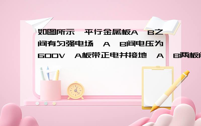 如图所示,平行金属板A、B之间有匀强电场,A、B间电压为600V,A板带正电并接地,A、B两板间距为12cm,C点点离A板4cm,下列说法正确的是（　　）A．E=2000V/m,φC=200V B．E=5000V/m,φC=-200V C．电子在C点具有