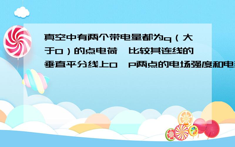 真空中有两个带电量都为q（大于0）的点电荷,比较其连线的垂直平分线上O、P两点的电场强度和电势?