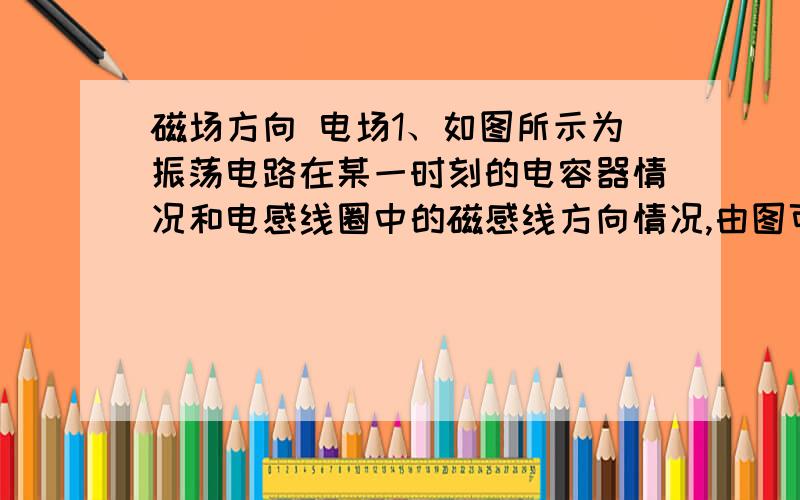 磁场方向 电场1、如图所示为振荡电路在某一时刻的电容器情况和电感线圈中的磁感线方向情况,由图可知,以下说法正确得是A、电容器正在充电B、电感线圈的电流正在增大C、电感线圈中的磁