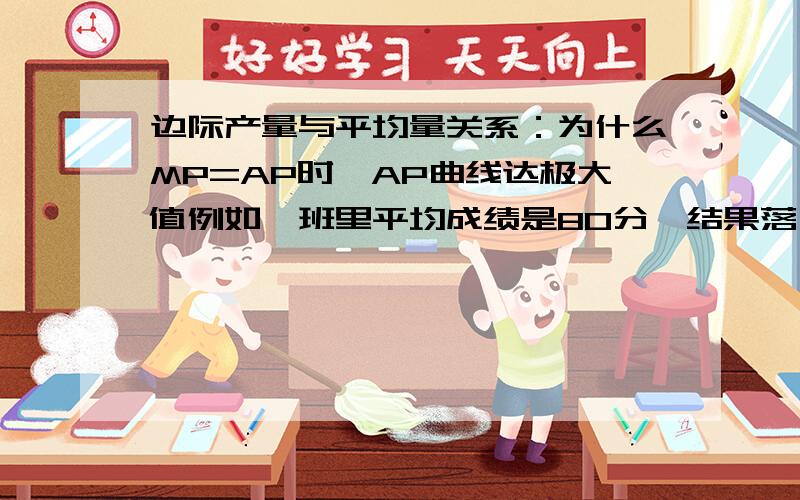 边际产量与平均量关系：为什么MP=AP时,AP曲线达极大值例如,班里平均成绩是80分,结果落了一个人的成绩,这个人考了90分,（MP>AP）,这时全班的平均成绩的AP1是大于80的.当MP=AP时,即落掉的那个人