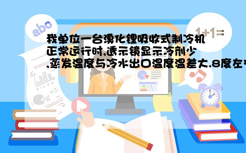 我单位一台溴化锂吸收式制冷机正常运行时,透示镜显示冷剂少,蒸发温度与冷水出口温度温差大.8度左右.