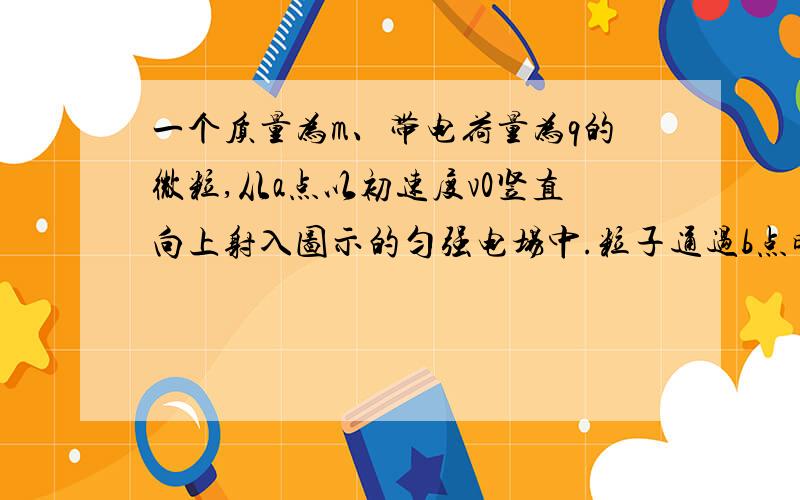 一个质量为m、带电荷量为q的微粒,从a点以初速度v0竖直向上射入图示的匀强电场中.粒子通过b点时的速度为2v0,方向水平向右.求电场强度E和a、b两点间的电势差U?                              不需要